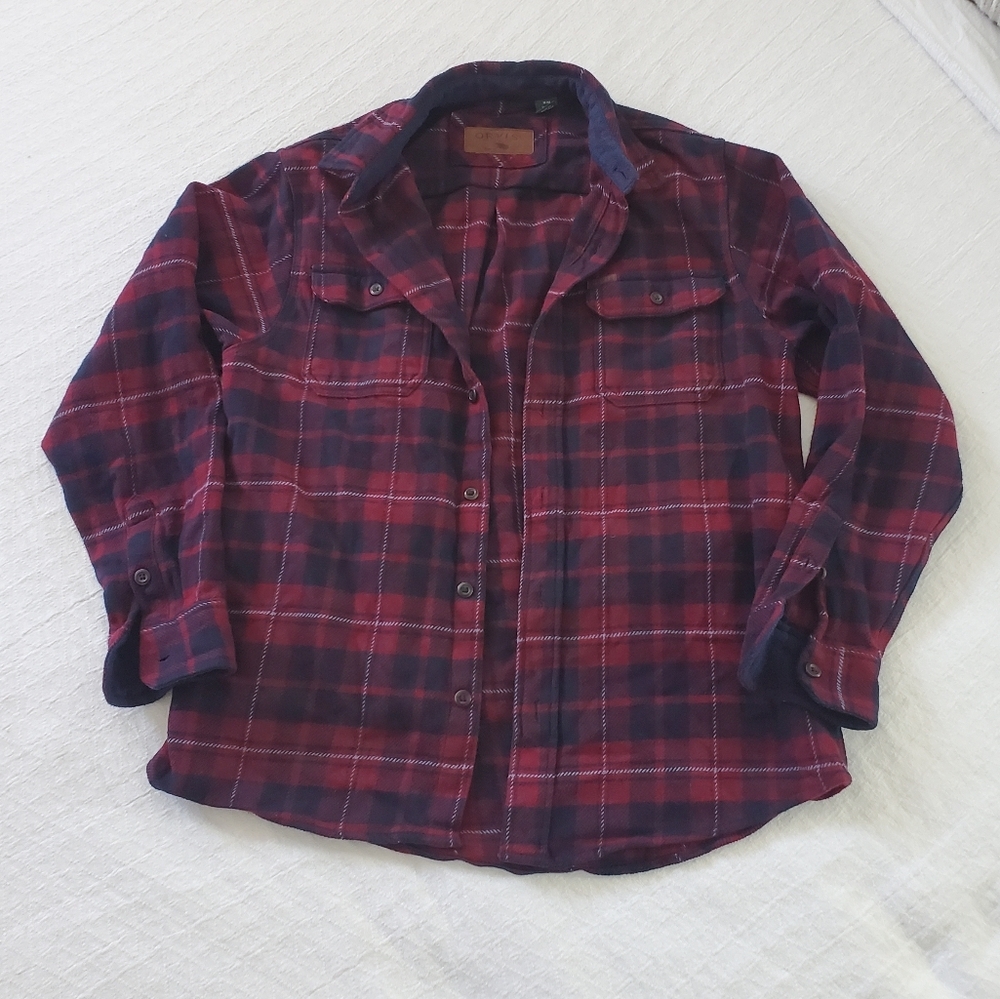 Premium ORVIS Thick Burgundy + Blue Premium Plaid Flannel Over Shirt